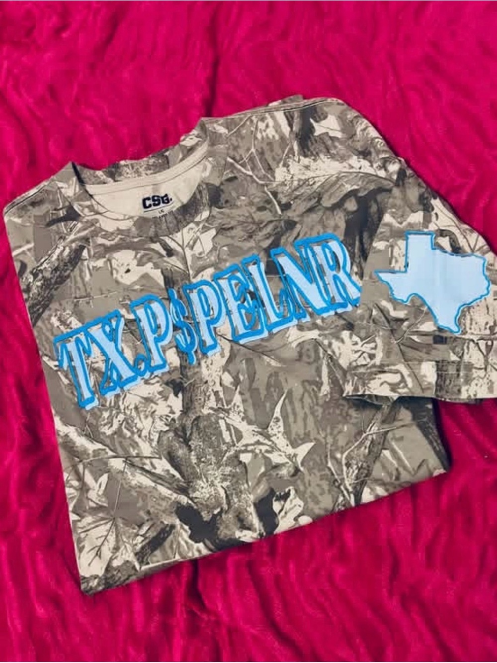 Champion Gray Camo Tee with Light Blue Texas Spellout